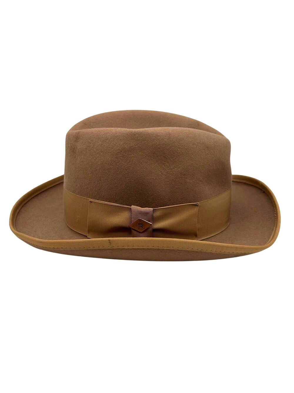 Stacy Adams Wool Felt Pinch Front Fedora Hat Camel Tan Feather 22" Size S